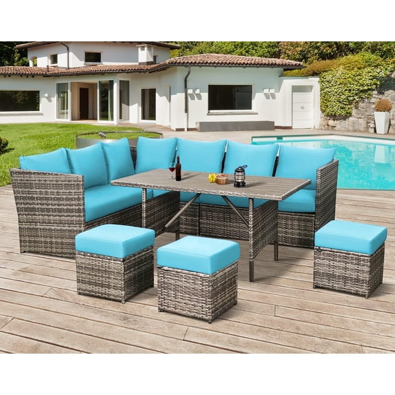 AECOJOY 7 Piece Patio Conversation Set, Outdoor Sectional Sofa Rattan Wicker Dining Furniture, Blue