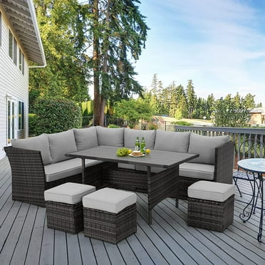AECOJOY 7 Piece Patio Conversation Set,  Outdoor Sectional Sofa Rattan Wicker Dining Furniture, Gray