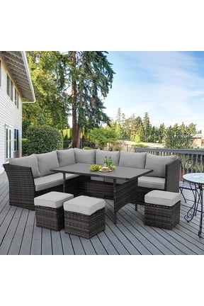 7 Piece Patio Conversation Set, Outdoor Sectional Sofa Rattan Wicker Dining Furniture, Gray