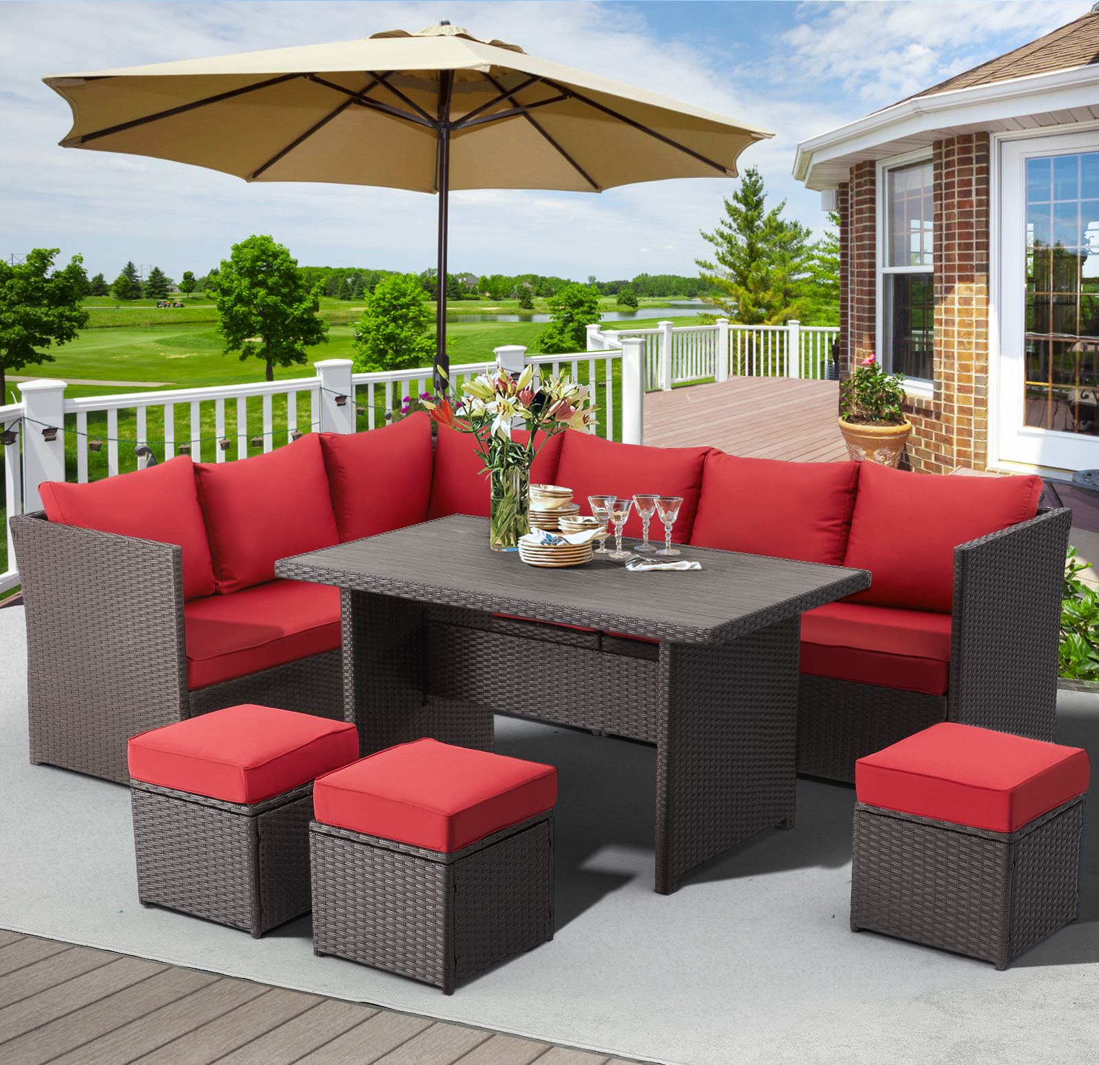 AECOJOY 7 Piece Patio Conversation Set, Outdoor Sectional Sofa Rattan Wicker Dining Furniture, Red - image 1 of 9