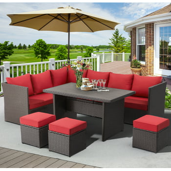 AECOJOY 7 Piece Patio Conversation Set, Outdoor Sectional Sofa Rattan Wicker Dining Furniture, Red