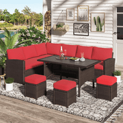AECOJOY 7 Piece Patio Conversation Set, Outdoor Sectional Sofa Rattan Wicker Dining Furniture, Red