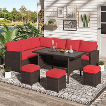 AECOJOY 7 Piece Patio Conversation Set, Outdoor Sectional Sofa Rattan Wicker Dining Furniture, Red