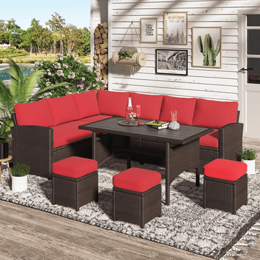 AECOJOY 7 Piece Patio Conversation Set, Outdoor Sectional Sofa Rattan Wicker Dining Furniture, Red