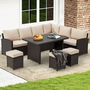 AECOJOY 7 Piece Patio Conversation Set, Outdoor Sectional Sofa Rattan Wicker Dining Furniture in Beige