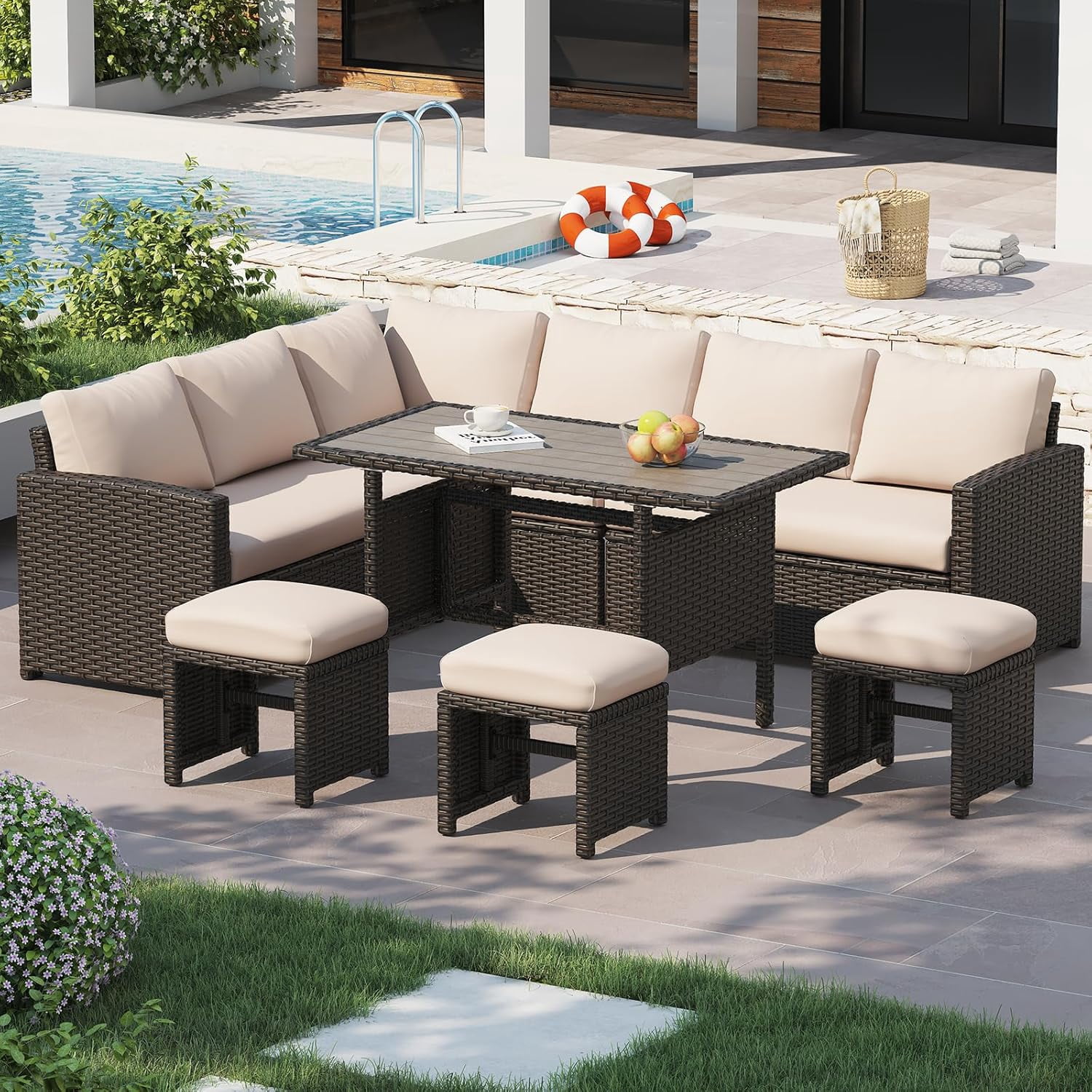 AECOJOY 7 Piece Patio Furniture Set PE Rattan Outdoor Dining Set Sectional Sofa Couch with Table Patio Conversation Set in Beige