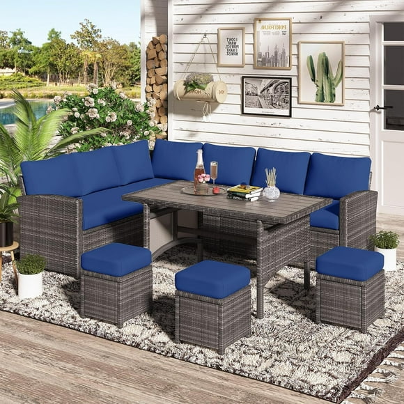 AECOJOY 7 Piece Patio Furniture Set PE Rattan Outdoor Dining Set Sectional Sofa Couch with Table Patio Conversation Set in Dark Blue