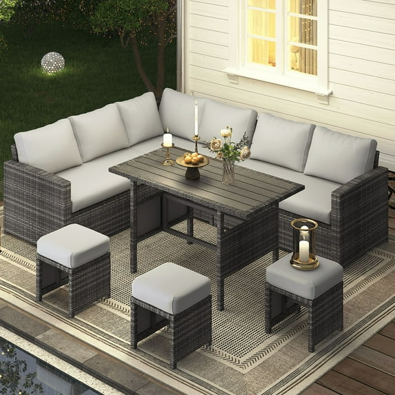 AECOJOY 7 Piece Patio Furniture Set PE Rattan Outdoor Dining Set Sectional Sofa Couch with Table Patio Conversation Set in Gray