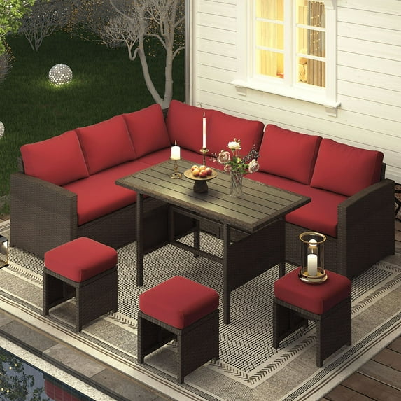 AECOJOY 7 Piece Patio Furniture Set PE Rattan Outdoor Dining Set Sectional Sofa Couch with Table Patio Conversation Set in Wine Red