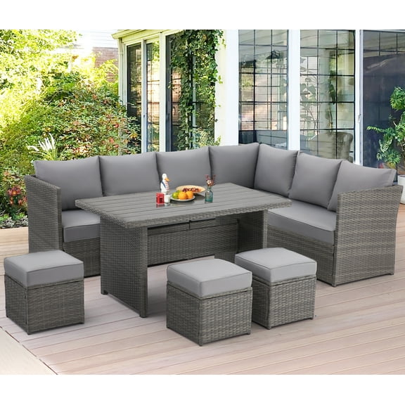 AECOJOY 7-Piece Rattan Wicker Sectional Sofa , Patio Dining Conversation Set, Dark Gray