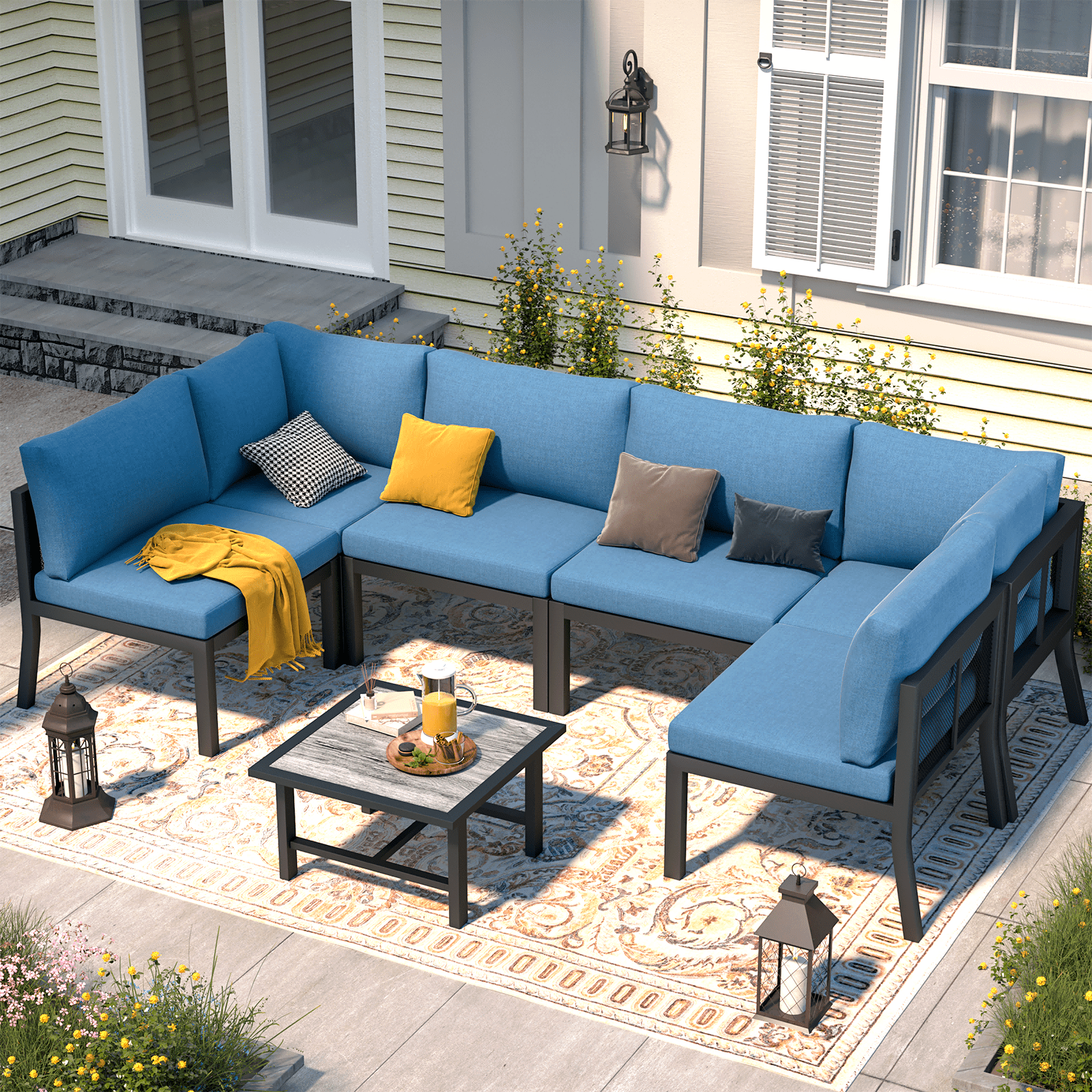 AECOJOY 7 Pieces Metal Outdoor Furniture Sets Patio Sectional Sofa Garden Conversation Sets for Backyard Balcony Lawn Garden Blue