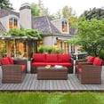 thumbnail image 1 of AECOJOY 7 Pieces Outdoor Furniture Set with Storage, Rattan Wicker Sectional Sofa Couch Patio Conversation Set - Red, 1 of 8