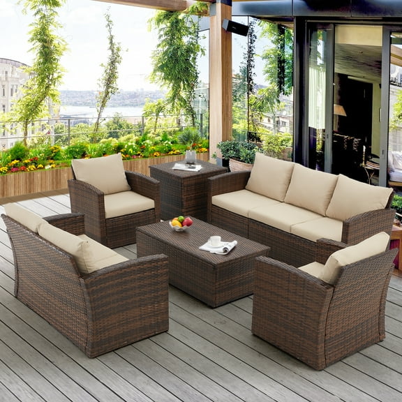 AECOJOY 7 Pieces Outdoor Furniture Set with Two Storage Boxes, Rattan Wicker Sectional Sofa Beige