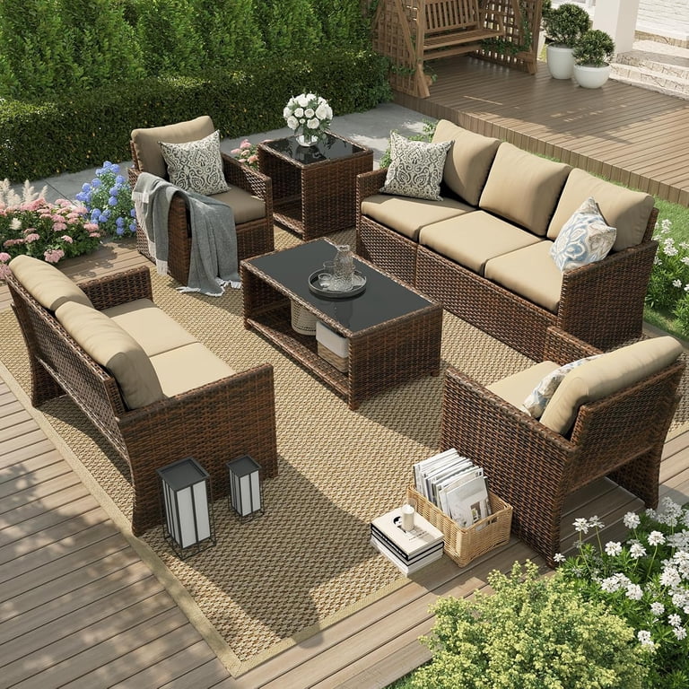 AECOJOY 7-Piece Outdoor Sectional Patio Furniture Set, Rattan