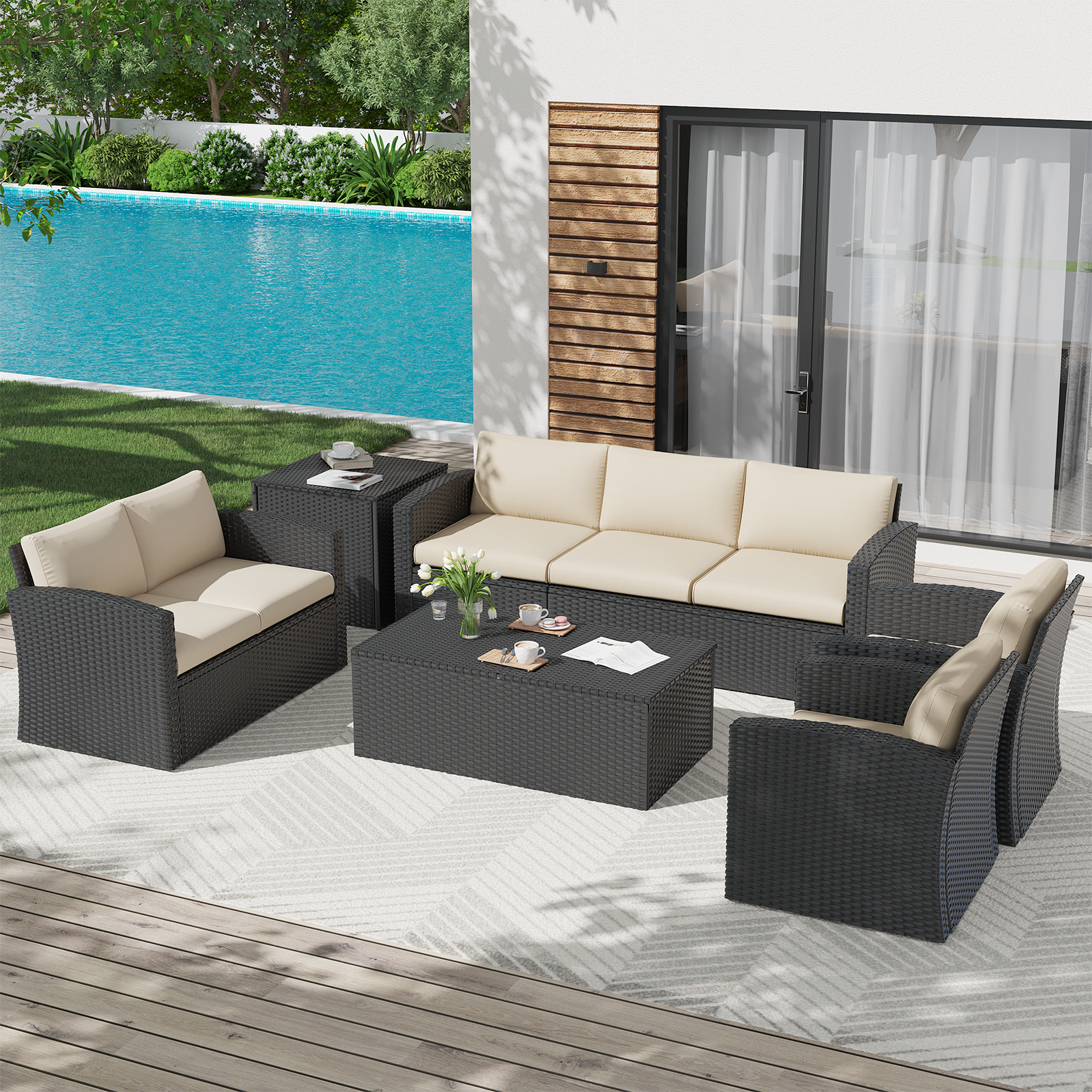 AECOJOY 7 Pieces Outdoor Furniture Set with Two Storage Boxes, Rattan Wicker Sectional Sofa Couch Patio Conversation Set, Black & Biege
