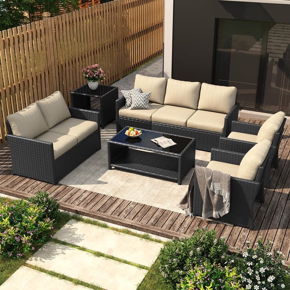 AECOJOY 7 Pieces Outdoor Furniture Set with Two Storage Boxes, Rattan Wicker Sectional Sofa Couch Patio Conversation Set, Black & Biege