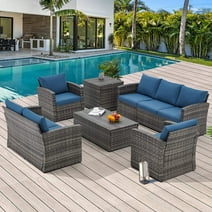 AECOJOY 7 Pieces Outdoor Furniture Set with Two Storage Boxes, Rattan Wicker Sectional Sofa Couch Patio Conversation Set, Dark Blue