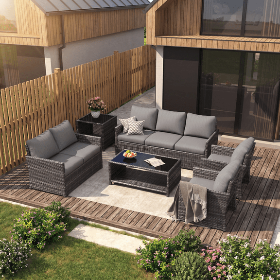 AECOJOY 7 Pieces Outdoor Furniture Set with Two Storage Boxes, Rattan Wicker Sectional Sofa Couch Patio Conversation Set, Grey