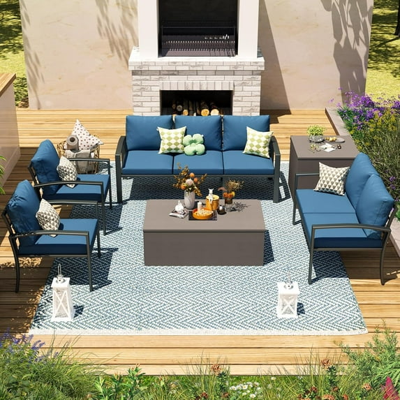 AECOJOY Patio Furniture sets Outdoor Metal Furniture sets with Two Storage Boxes on Sale Patio Conversation Set With Blue Cushions