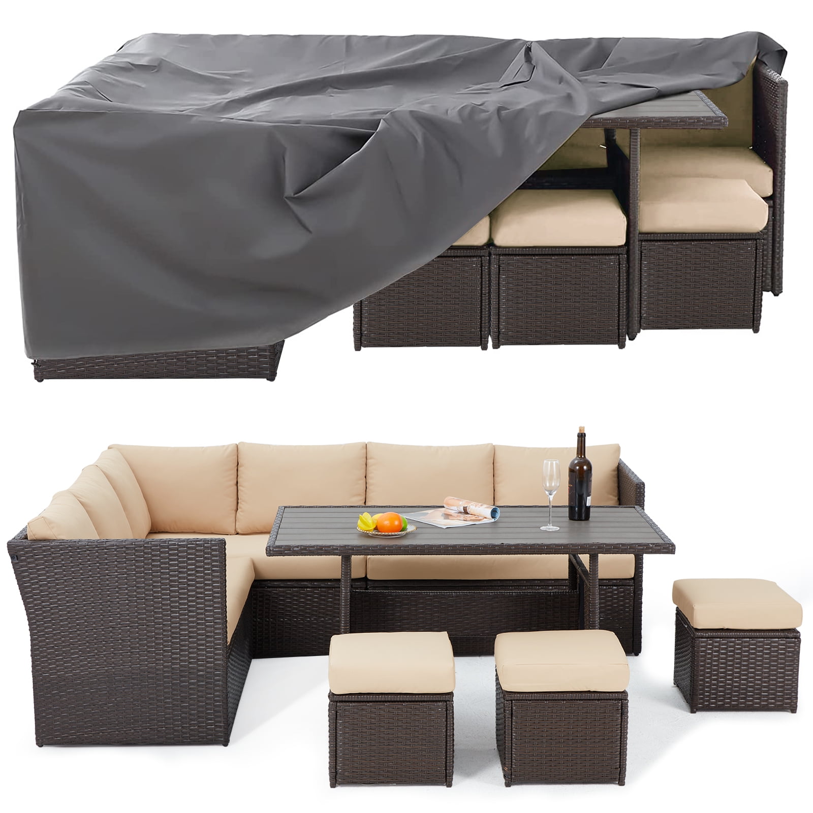 AECOJOY 7 Pieces Outdoor Rattan Sectional Sofa Couch with Dining Table and Protection Cover - Beige