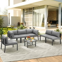 AECOJOY 7 Pieces Patio Furniture Set Outdoor Metal Conversation Sets Sectional Furniture with Cushions and Wooden Table for Backyard