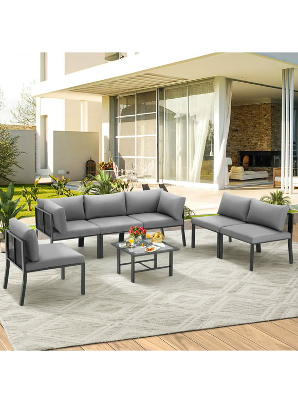 AECOJOY 7 Pieces Patio Furniture Set Outdoor Metal Conversation Sets Sectional Furniture with Cushions and Wooden Table for Backyard