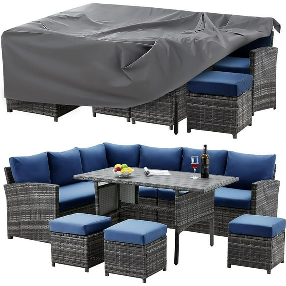 AECOJOY 7 Pieces Patio Furniture Set Outdoor Sectional Sofa Rattan Conversation Set Navy Blue with Cover