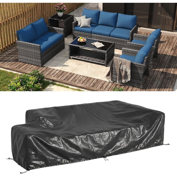 AECOJOY 7 Pieces Patio Furniture Set with Two Storage Boxes, Outdoor Rattan Conversation Set with cover, All-Weather PE Wicker Sectional Sofa Outdoor Furniture for Garden, Deck, Grey Rattan&Dark Blue
