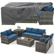 AECOJOY 7 Pieces Patio Furniture Set with Two Storage Boxes, Outdoor Rattan Conversation Set with cover, All-Weather PE Wicker Sectional Sofa Outdoor Furniture for Garden, Deck, Grey Rattan&Dark Blue