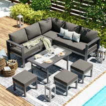 AECOJOY 7 Pieces Patio Furniture Set with Aluminum Frame, Outdoor Sectional Conversation Set with Adjustable Coffee Table, Three Ottomans, Deep Grey