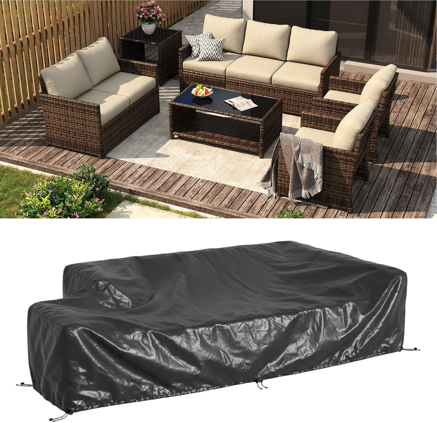 AECOJOY 7 Pieces Patio Furniture with Two Storage Boxes, Outdoor Rattan Conversation Set with Cover，All-Weather PE Wicker Sectional Sofa for Garden, Backyard, Deck, Brown & Beige