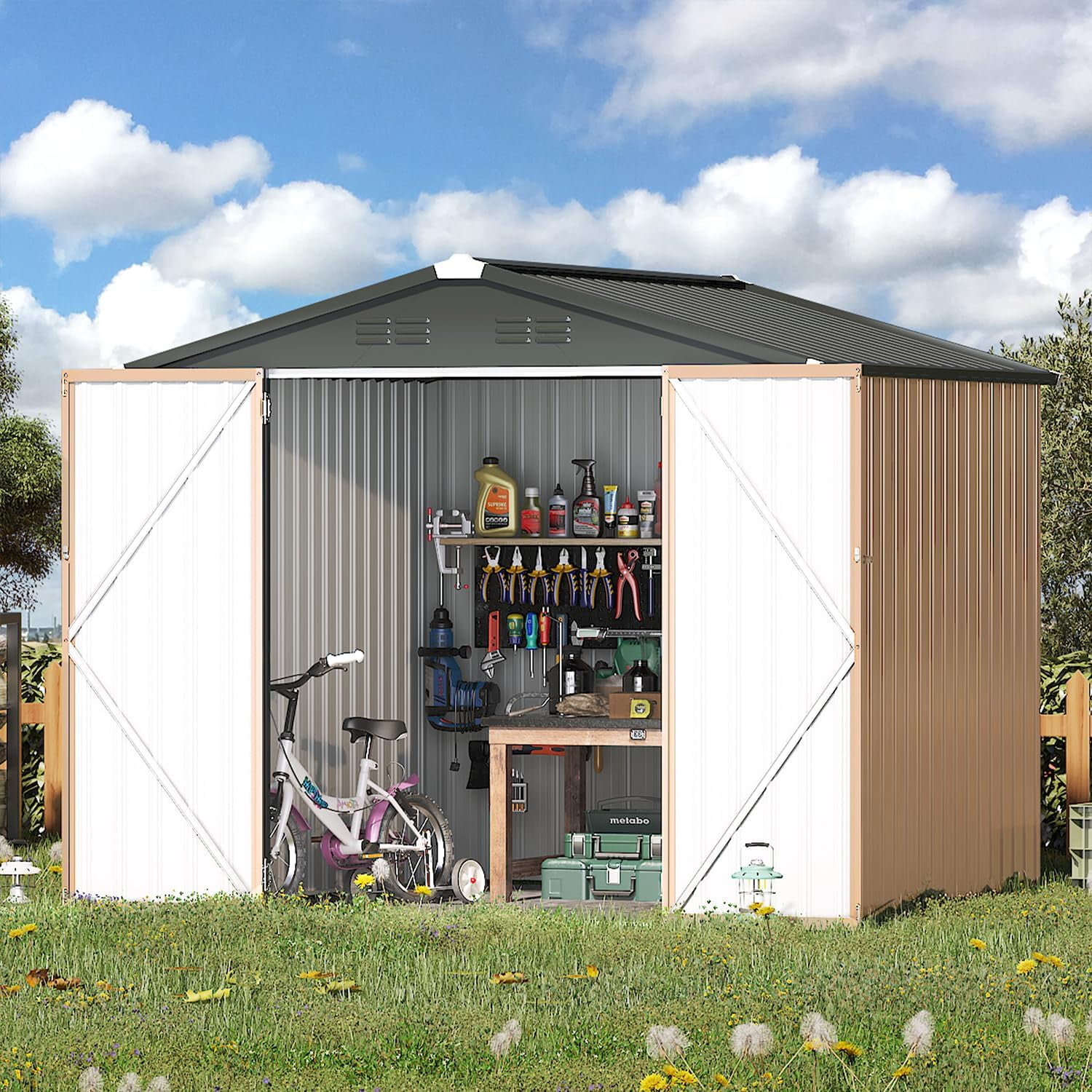 AECOJOY 7' x 7' Brown and Gray Metal Storage Shed