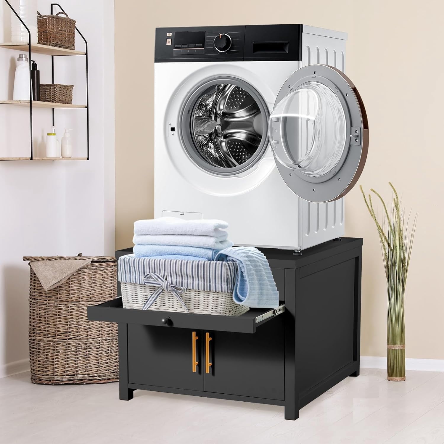 AECOJOY 700 LBS Capacity Heavy Duty Laundry Pedestal, Shock-Proof Washer Dryer Stand with Pull-Out Shelf, Hidden Storage and Drainage, Dark Black