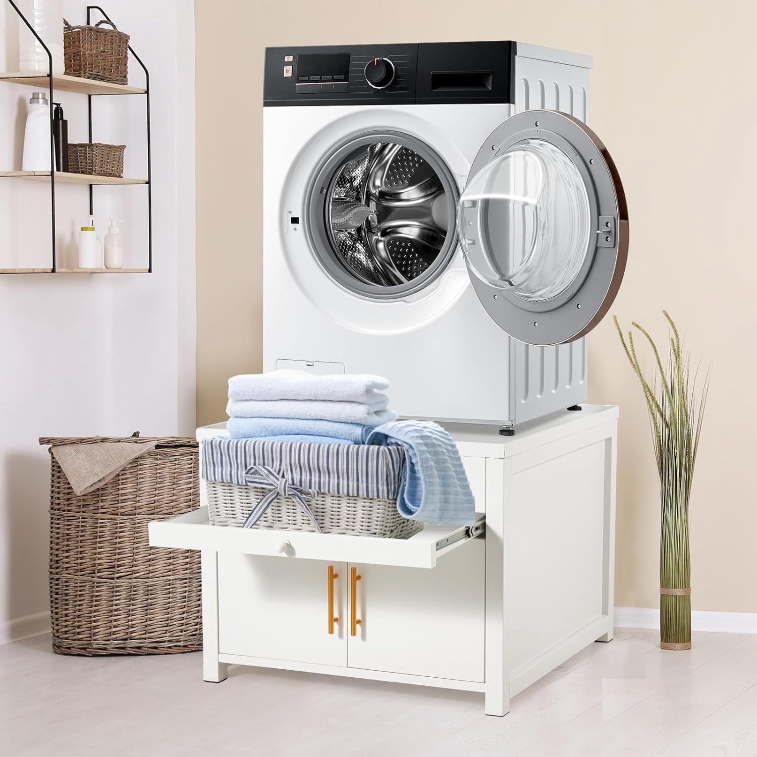 AECOJOY 700 LBS Capacity Heavy Duty Laundry Pedestal, Shock-Proof Washer Dryer Stand with Pull-Out Shelf, Hidden Storage and Drainage, White