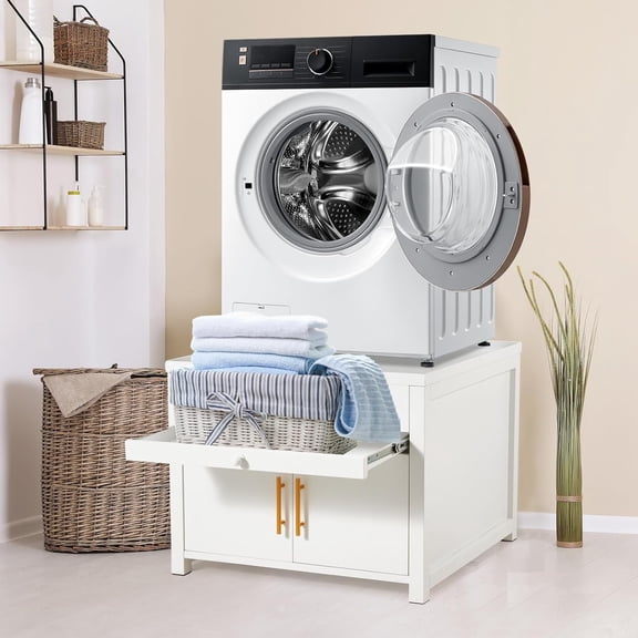 AECOJOY 700 LBS Capacity Heavy Duty Laundry Pedestal, Shock-Proof Washer Dryer Stand with Pull-Out Shelf, Hidden Storage and Drainage, White
