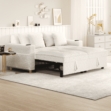 AECOJOY 65" Sleeper Sofa Bed & 3-in-1 Futon Pull Out Couch for Living Room & Bedroom, Convertible Loveseat in Teddy Velvet White