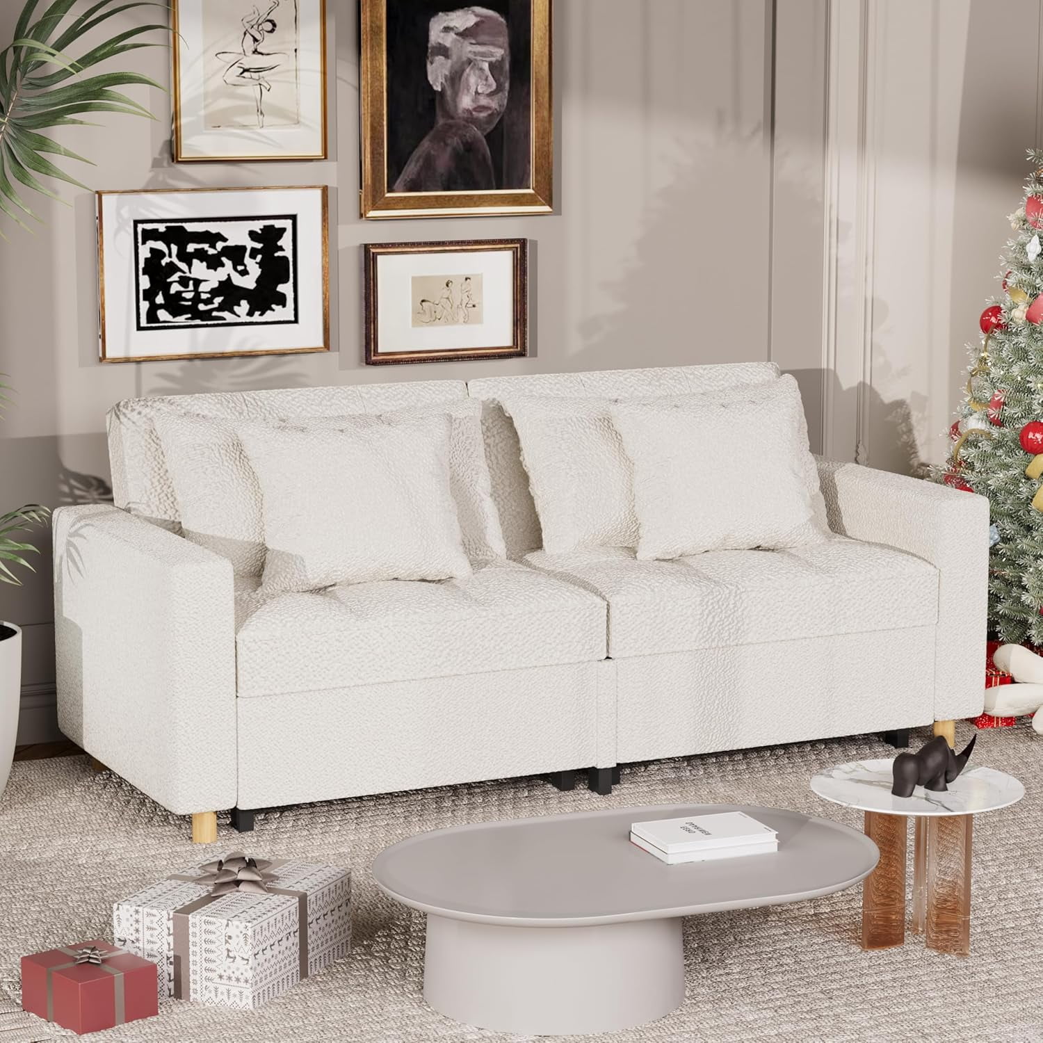 AECOJOY 65" Sleeper Sofa Bed & 3-in-1 Futon Pull Out Couch for Living Room & Bedroom, Convertible Loveseat in Teddy Velvet White