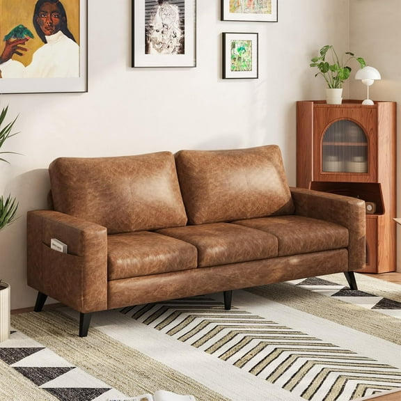AECOJOY 79" Faux Leather Sofa 3 Seater Couch Loveseat Living Room Furniture for Appartment& Office in Brown