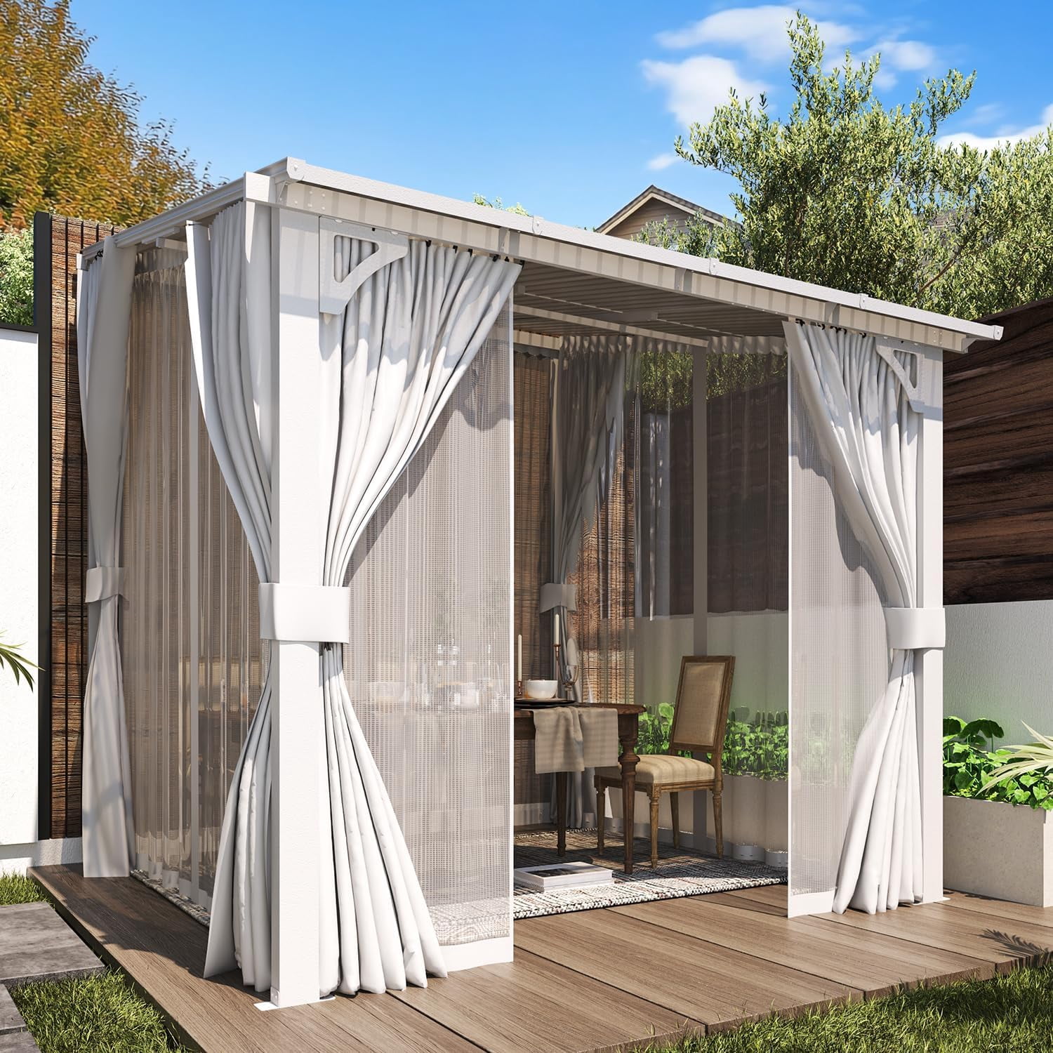 AECOJOY 8' X 8' Outdoor Lean to Gazebo for Patio on Clearance, Small Wall Mounted 8x8 Pergola with Curtains and Netting, Heavy Duty Metal Awnings for Lawn Backyard Garden Deck in White