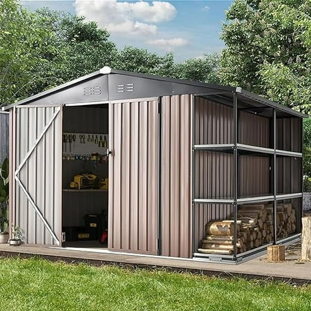 AECOJOY 8' x 10' Outdoor Storage Shed with Rack & Shelves Metal Utility Tool Shed with Lockable Door for Backyard & Garden on Clearance
