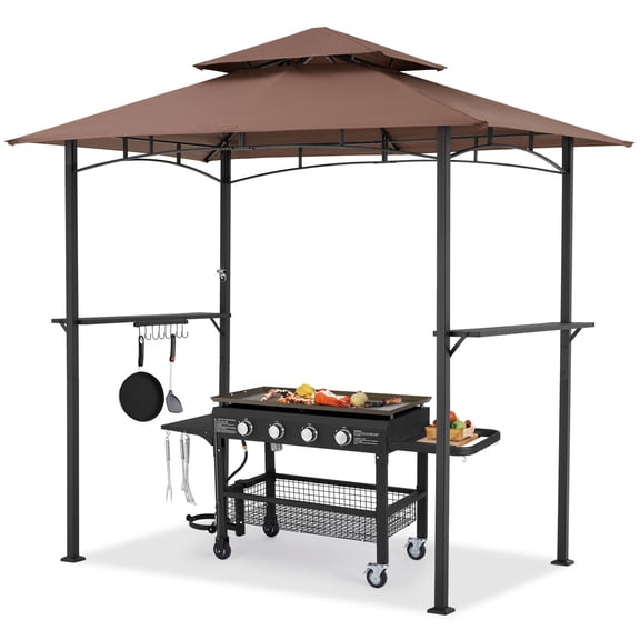 AECOJOY 8' x 5' Outdoor Grill Gazebo with Vented Top, Double Tier BBQ Canopy Gazebo-Brown