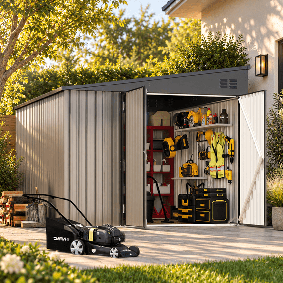 AECOJOY 8'x10' Lean-To Metal Storage Shed, Wall-Side Bike & Garden Storage Cabinet, Grey, for Backyard & Patio