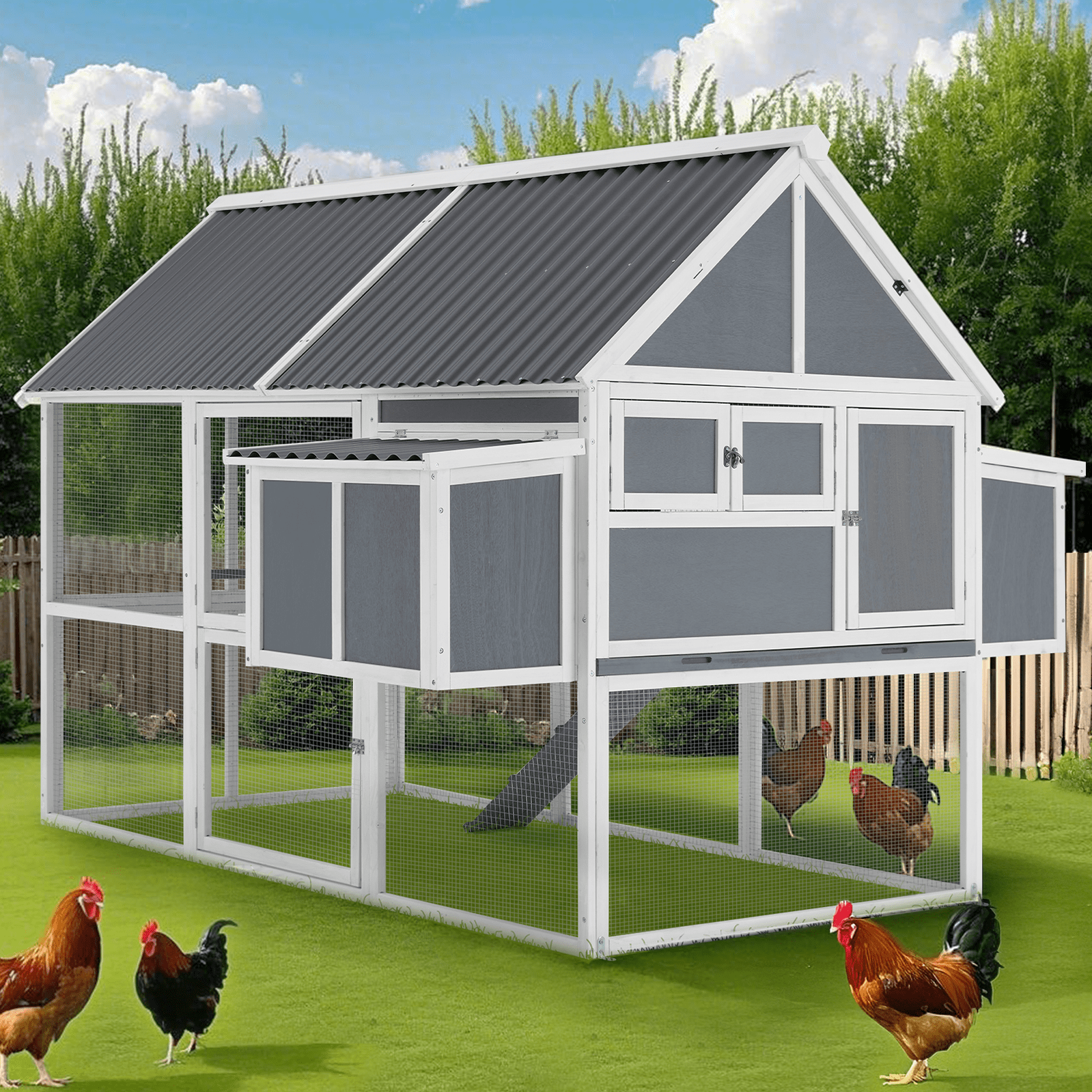 AECOJOY 84 Outdoor Chicken Coops for 10 Chickens Large Wooden Hen Chicken House, Walk in Chicken House with Run