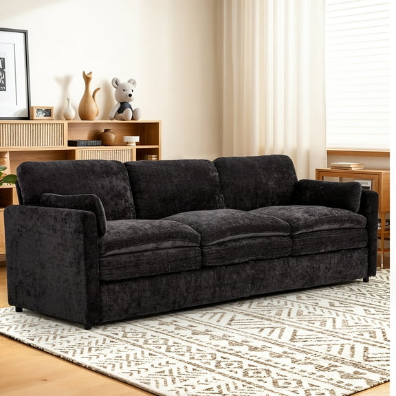 AECOJOY 89" Comfy Sofa Couch for Living Room, 3 Seats Large Modern Chenille Sofa with 2 Removable Pillows, Oversized Cozy Cloud Couch for Apartment (Black)
