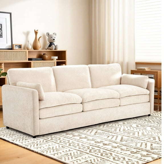 AECOJOY 89" Comfy Sofa Couch for Living Room, 3 Seats Large Modern Chenille Sofa with 2 Removable Pillows, Oversized Cozy Cloud Couch for Apartment (Cream White)