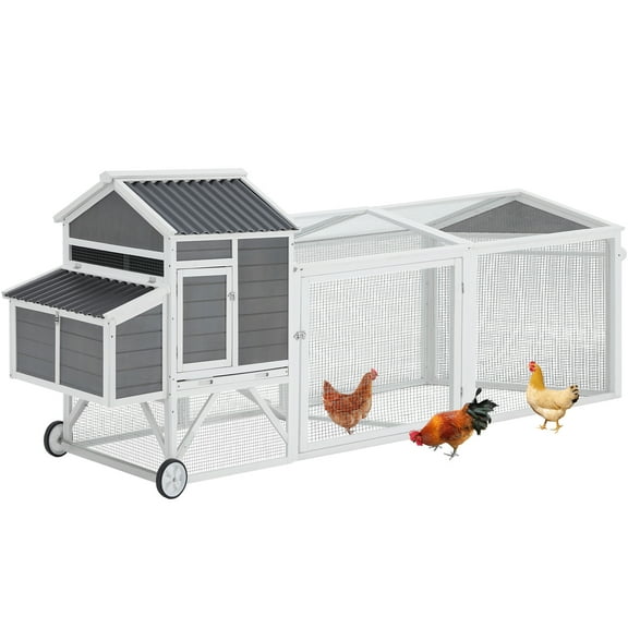 AECOJOY 95" Chicken Coop with Wheels, Hen House Wooden Chicken Hutch Poultry Cage w/Run, Nesting Boxes, Ramps, Removable Tray for Barkyard