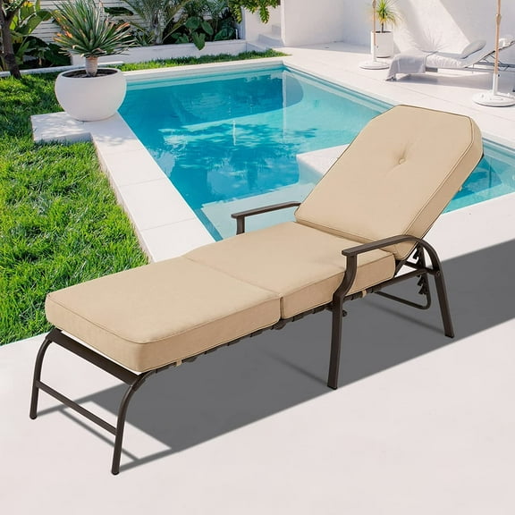 AECOJOY Adjustable Outdoor Chaise Lounge Chair for Patio, Poolside with UV-Resistant Cushion - Beige