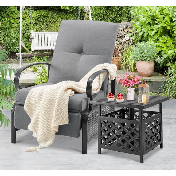 AECOJOY Adjustable Patio Reclining Lounge Chair with Umbrella Side Table Stand-Dark Gray