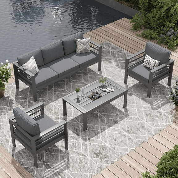 AECOJOY Aluminum Patio Furniture Set on sale, 5 Seats Modern Outdoor Furniture with Coffee Table, 4 Pieces Metal Conversation Sectional Sofa, Dark Gray