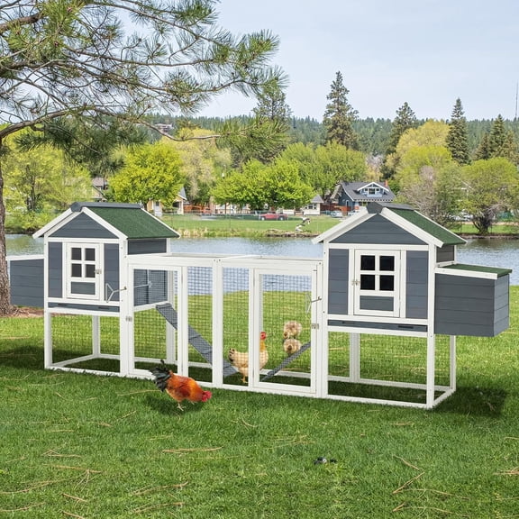 AECOJOY Chicken Coop, Large Wooden Hen House with Run and Removable Trays for 4–6 Chickens, Gray